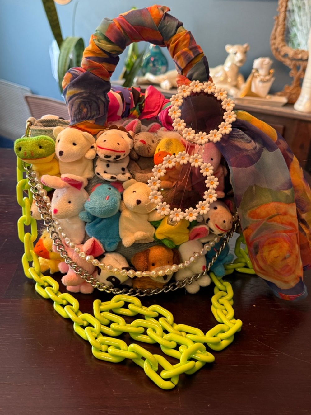 Whimsical Plush Finger Puppet Bucket Bag with Neon Chain